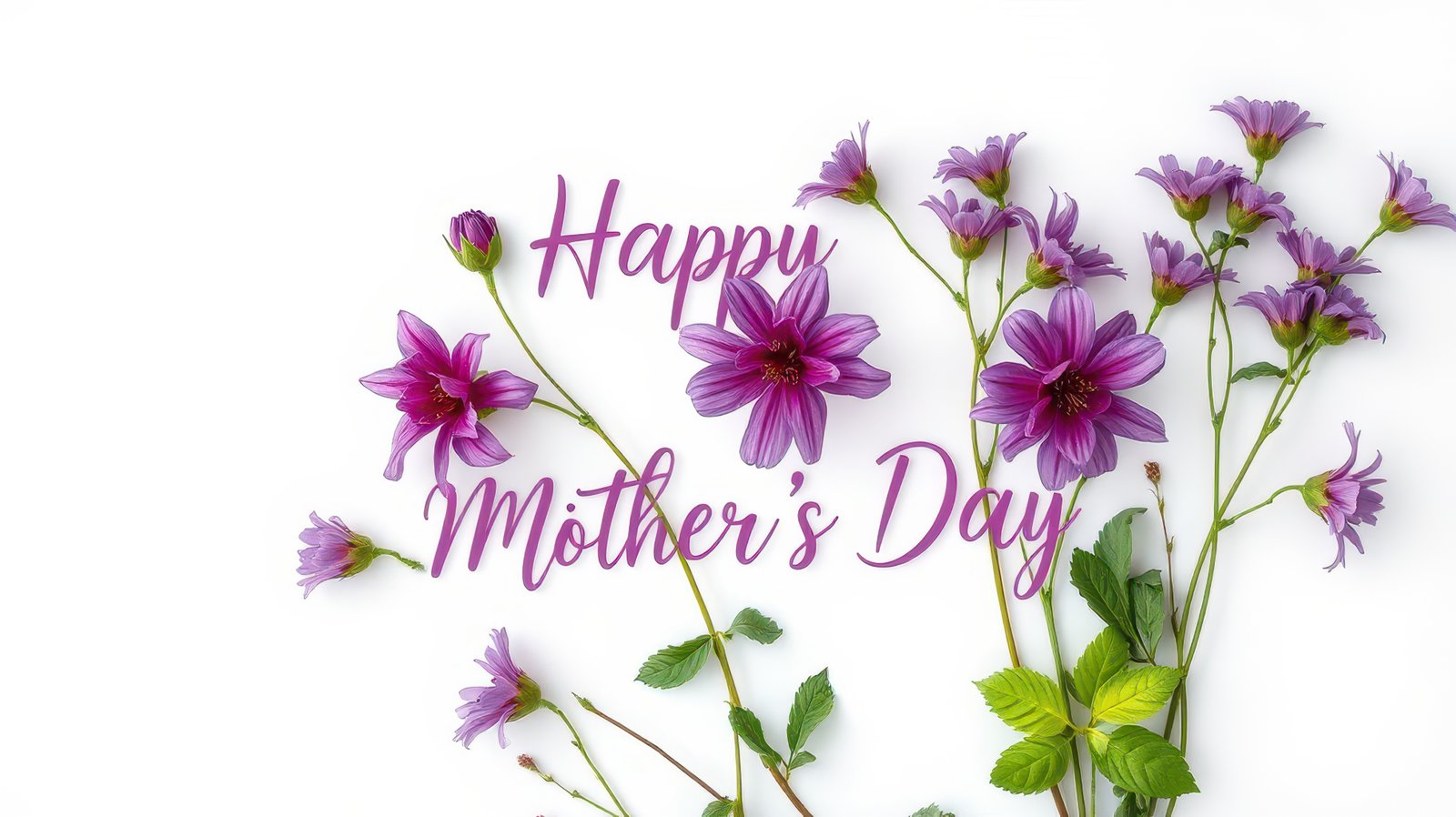 Colorful floral arrangement with heartfelt Mother's Day greeting and vibrant purple flowers on a white background